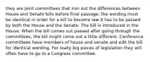 they are joint committees that iron out the differences between House and Senate bills before final passage; the wording must be identical in order for a bill to become law it has to be passed by both the House and the Senate. The bill is introduced in the House. When the bill comes out passed after going through the committees, the bill might come out a little different. Conference committees have members of house and senate and edit the bill for identical wording. For really big pieces of legislation they will often have to go to a Congress committee.