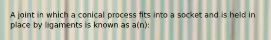 A joint in which a conical process fits into a socket and is held in place by ligaments is known as a(n):