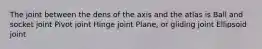 The joint between the dens of the axis and the atlas is Ball and socket joint Pivot joint Hinge joint Plane, or gliding joint Ellipsoid joint