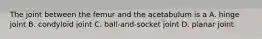The joint between the femur and the acetabulum is a A. hinge joint B. condyloid joint C. ball-and-socket joint D. planar joint