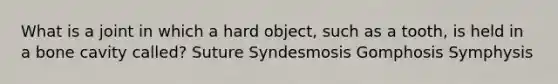 What is a joint in which a hard object, such as a tooth, is held in a bone cavity called? Suture Syndesmosis Gomphosis Symphysis