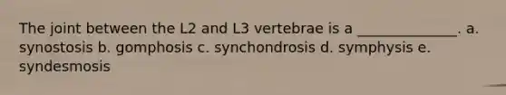 The joint between the L2 and L3 vertebrae is a ______________. a. synostosis b. gomphosis c. synchondrosis d. symphysis e. syndesmosis