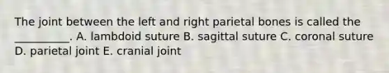 The joint between the left and right parietal bones is called the __________. A. lambdoid suture B. sagittal suture C. coronal suture D. parietal joint E. cranial joint