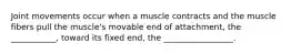 Joint movements occur when a muscle contracts and the muscle fibers pull the muscle's movable end of attachment, the ___________, toward its fixed end, the _________________.