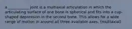 a ___________ joint is a multiaxial articulation in which the articulating surface of one bone is spherical and fits into a cup-shaped depression in the second bone. This allows for a wide range of motion in around all three available axes. (multiaxial)