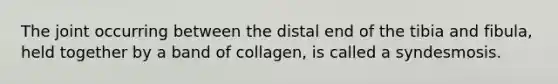 The joint occurring between the distal end of the tibia and fibula, held together by a band of collagen, is called a syndesmosis.