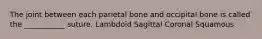 The joint between each parietal bone and occipital bone is called the ___________ suture. Lambdoid Sagittal Coronal Squamous