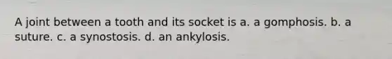 A joint between a tooth and its socket is a. a gomphosis. b. a suture. c. a synostosis. d. an ankylosis.