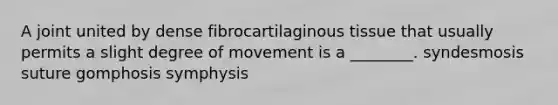 A joint united by dense fibrocartilaginous tissue that usually permits a slight degree of movement is a ________. syndesmosis suture gomphosis symphysis