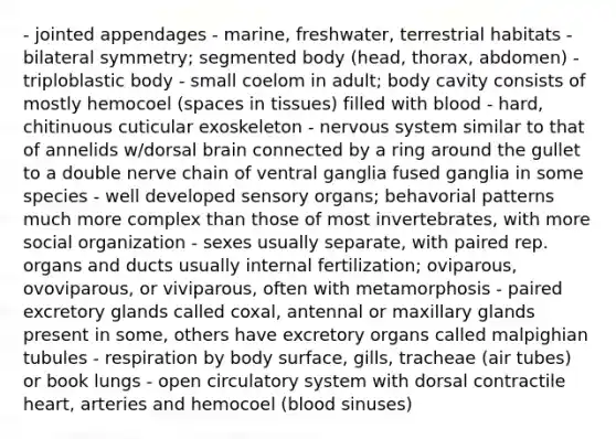 - jointed appendages - marine, freshwater, terrestrial habitats - bilateral symmetry; segmented body (head, thorax, abdomen) - triploblastic body - small coelom in adult; body cavity consists of mostly hemocoel (spaces in tissues) filled with blood - hard, chitinuous cuticular exoskeleton - <a href='https://www.questionai.com/knowledge/kThdVqrsqy-nervous-system' class='anchor-knowledge'>nervous system</a> similar to that of annelids w/dorsal brain connected by a ring around the gullet to a double nerve chain of ventral ganglia fused ganglia in some species - well developed sensory organs; behavorial patterns much more complex than those of most invertebrates, with more social organization - sexes usually separate, with paired rep. organs and ducts usually internal fertilization; oviparous, ovoviparous, or viviparous, often with metamorphosis - paired excretory glands called coxal, antennal or maxillary glands present in some, others have excretory organs called malpighian tubules - respiration by body surface, gills, tracheae (air tubes) or book lungs - open circulatory system with dorsal contractile heart, arteries and hemocoel (blood sinuses)