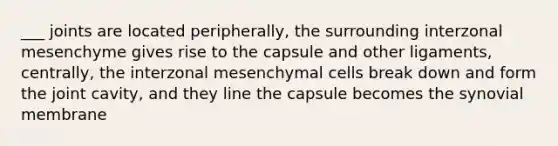 ___ joints are located peripherally, the surrounding interzonal mesenchyme gives rise to the capsule and other ligaments, centrally, the interzonal mesenchymal cells break down and form the joint cavity, and they line the capsule becomes the synovial membrane