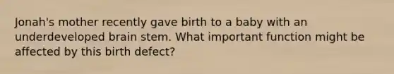 Jonah's mother recently gave birth to a baby with an underdeveloped brain stem. What important function might be affected by this birth defect?