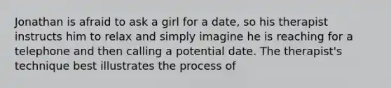 Jonathan is afraid to ask a girl for a date, so his therapist instructs him to relax and simply imagine he is reaching for a telephone and then calling a potential date. The therapist's technique best illustrates the process of