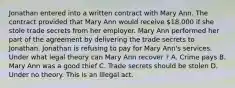 Jonathan entered into a written contract with Mary Ann. The contract provided that Mary Ann would receive 18,000 if she stole trade secrets from her employer. Mary Ann performed her part of the agreement by delivering the trade secrets to Jonathan. Jonathan is refusing to pay for Mary Ann's services. Under what legal theory can Mary Ann recover ? A. Crime pays B. Mary Ann was a good thief C. Trade secrets should be stolen D. Under no theory. This is an illegal act.