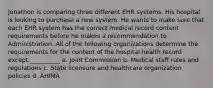 Jonathon is comparing three different EHR systems. His hospital is looking to purchase a new system. He wants to make sure that each EHR system has the correct medical record content requirements before he makes a recommendation to Administration. All of the following organizations determine the requirements for the content of the hospital health record except:__________ a. Joint Commission b. Medical staff rules and regulations c. State licensure and healthcare organization policies d. AHIMA