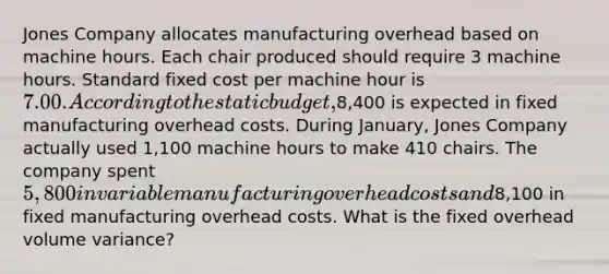 Jones Company allocates manufacturing overhead based on machine hours. Each chair produced should require 3 machine hours. Standard fixed cost per machine hour is 7.00. According to the static budget,8,400 is expected in fixed manufacturing overhead costs. During January, Jones Company actually used 1,100 machine hours to make 410 chairs. The company spent 5,800 in variable manufacturing overhead costs and8,100 in fixed manufacturing overhead costs. What is the fixed overhead volume variance?