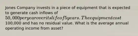 Jones Company invests in a piece of equipment that is expected to generate cash inflows of 50,000 per year over its life of 5 years. The equipment cost100,000 and has no residual value. What is the average annual operating income from asset?