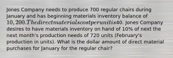 Jones Company needs to produce 700 regular chairs during January and has beginning materials inventory balance of 10,200. The direct materials cost per unit is40. Jones Company desires to have materials inventory on hand of 10% of next the next month's production needs of 720 units (February's production in units). What is the dollar amount of direct material purchases for January for the regular chair?