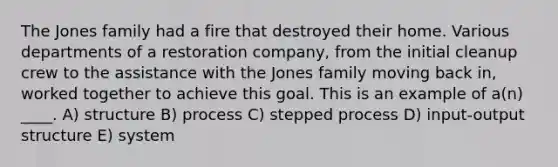 The Jones family had a fire that destroyed their home. Various departments of a restoration company, from the initial cleanup crew to the assistance with the Jones family moving back in, worked together to achieve this goal. This is an example of a(n) ____. A) structure B) process C) stepped process D) input-output structure E) system