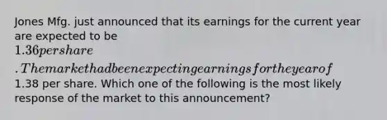 Jones Mfg. just announced that its earnings for the current year are expected to be 1.36 per share. The market had been expecting earnings for the year of1.38 per share. Which one of the following is the most likely response of the market to this announcement?