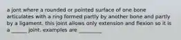 a jont where a rounded or pointed surface of one bone articulates with a ring formed partly by another bone and partly by a ligament. this joint allows only extension and flexion so it is a ______ joint. examples are _________