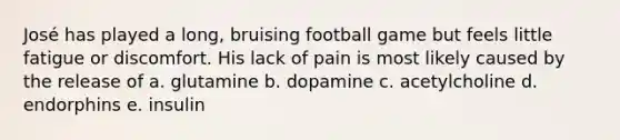 José has played a long, bruising football game but feels little fatigue or discomfort. His lack of pain is most likely caused by the release of a. glutamine b. dopamine c. acetylcholine d. endorphins e. insulin