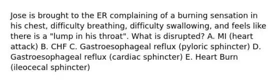 Jose is brought to the ER complaining of a burning sensation in his chest, difficulty breathing, difficulty swallowing, and feels like there is a "lump in his throat". What is disrupted? A. MI (heart attack) B. CHF C. Gastroesophageal reflux (pyloric sphincter) D. Gastroesophageal reflux (cardiac sphincter) E. Heart Burn (ileocecal sphincter)