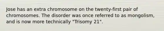 Jose has an extra chromosome on the twenty-first pair of chromosomes. The disorder was once referred to as mongolism, and is now more technically "Trisomy 21".