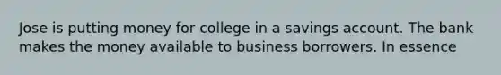 Jose is putting money for college in a savings account. The bank makes the money available to business borrowers. In essence