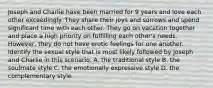 Joseph and Charlie have been married for 9 years and love each other exceedingly. They share their joys and sorrows and spend significant time with each other. They go on vacation together and place a high priority on fulfilling each other's needs. However, they do not have erotic feelings for one another. Identify the sexual style that is most likely followed by Joseph and Charlie in this scenario. A. the traditional style B. the soulmate style C. the emotionally expressive style D. the complementary style