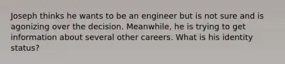 Joseph thinks he wants to be an engineer but is not sure and is agonizing over the decision. Meanwhile, he is trying to get information about several other careers. What is his identity status?