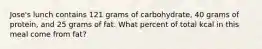 Jose's lunch contains 121 grams of carbohydrate, 40 grams of protein, and 25 grams of fat. What percent of total kcal in this meal come from fat?