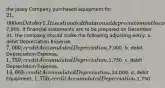 the Josey Company purchased equipment for 21,000 on October 1. It is estimated that annual depreciation on the computer will be7,000. If financial statements are to be prepared on December 31, the company should make the following adjusting entry: a. debit Depreciation Expense, 7,000; credit Accumulated Depreciation,7,000. b. debit Depreciation Expense, 1,750; credit Accumulated Depreciation,1,750. c. debit Depreciation Expense, 14,000; credit Accumulated Depreciation,14,000. d. debit Equipment, 1,750; credit Accumulated Depreciation,1,750