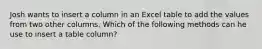 Josh wants to insert a column in an Excel table to add the values from two other columns. Which of the following methods can he use to insert a table column?