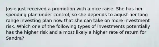 Josie just received a promotion with a nice raise. She has her spending plan under control, so she depends to adjust her long range investing plan now that she can take on more investment risk. Which one of the following types of investments potentially has the higher risk and a most likely a higher rate of return for Sandra?