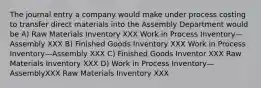 The journal entry a company would make under process costing to transfer direct materials into the Assembly Department would be A) Raw Materials Inventory XXX Work in Process Inventory—Assembly XXX B) Finished Goods Inventory XXX Work in Process Inventory—Assembly XXX C) Finished Goods Inventor XXX Raw Materials Inventory XXX D) Work in Process Inventory—AssemblyXXX Raw Materials Inventory XXX