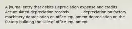 A journal entry that debits Depreciation expense and credits Accumulated depreciation records ______. depreciation on factory machinery depreciation on office equipment depreciation on the factory building the sale of office equipment