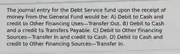 The journal entry for the Debt Service fund upon the receipt of money from the General Fund would be: A) Debit to Cash and credit to Other Financing Uses—Transfer Out. B) Debit to Cash and a credit to Transfers Payable. C) Debit to Other Financing Sources—Transfer In and credit to Cash. D) Debit to Cash and credit to Other Financing Sources—Transfer In.