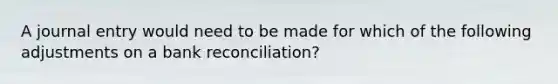 A journal entry would need to be made for which of the following adjustments on a bank​ reconciliation?