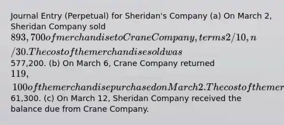 Journal Entry (Perpetual) for Sheridan's Company (a) On March 2, Sheridan Company sold 893,700 of merchandise to Crane Company, terms 2/10, n/30. The cost of the merchandise sold was 577,200. (b) On March 6, Crane Company returned 119,100 of the merchandise purchased on March 2. The cost of the merchandise returned was 61,300. (c) On March 12, Sheridan Company received the balance due from Crane Company.