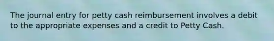 The journal entry for petty cash reimbursement involves a debit to the appropriate expenses and a credit to Petty Cash.