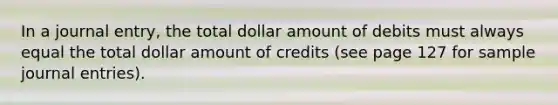 In a journal entry, the total dollar amount of debits must always equal the total dollar amount of credits (see page 127 for sample journal entries).