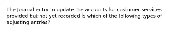 The Journal entry to update the accounts for customer services provided but not yet recorded is which of the following types of adjusting entries?