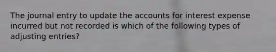 The journal entry to update the accounts for interest expense incurred but not recorded is which of the following types of adjusting entries?