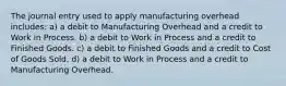 The journal entry used to apply manufacturing overhead includes: a) a debit to Manufacturing Overhead and a credit to Work in Process. b) a debit to Work in Process and a credit to Finished Goods. c) a debit to Finished Goods and a credit to Cost of Goods Sold. d) a debit to Work in Process and a credit to Manufacturing Overhead.