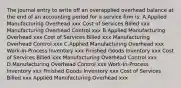 The journal entry to write off an overapplied overhead balance at the end of an accounting period for a service firm is: A.Applied Manufacturing Overhead xxx Cost of Services Billed xxx Manufacturing Overhead Control xxx B.Applied Manufacturing Overhead xxx Cost of Services Billed xxx Manufacturing Overhead Control xxx C.Applied Manufacturing Overhead xxx Work-In-Process Inventory xxx Finished Goods Inventory xxx Cost of Services Billed xxx Manufacturing Overhead Control xxx D.Manufacturing Overhead Control xxx Work-In-Process Inventory xxx Finished Goods Inventory xxx Cost of Services Billed xxx Applied Manufacturing Overhead xxx