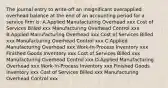 The journal entry to write-off an insignificant overapplied overhead balance at the end of an accounting period for a service firm is: A.Applied Manufacturing Overhead xxx Cost of Services Billed xxx Manufacturing Overhead Control xxx B.Applied Manufacturing Overhead xxx Cost of Services Billed xxx Manufacturing Overhead Control xxx C.Applied Manufacturing Overhead xxx Work-In-Process Inventory xxx Finished Goods Inventory xxx Cost of Services Billed xxx Manufacturing Overhead Control xxx D.Applied Manufacturing Overhead xxx Work-In-Process Inventory xxx Finished Goods Inventory xxx Cost of Services Billed xxx Manufacturing Overhead Control xxx