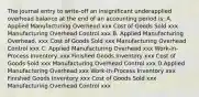 The journal entry to write-off an insignificant underapplied overhead balance at the end of an accounting period is: A. Applied Manufacturing Overhead xxx Cost of Goods Sold xxx Manufacturing Overhead Control xxx B. Applied Manufacturing Overhead. xxx Cost of Goods Sold xxx Manufacturing Overhead Control xxx C. Applied Manufacturing Overhead xxx Work-In-Process Inventory. xxx Finished Goods Inventory xxx Cost of Goods Sold xxx Manufacturing Overhead Control xxx D.Applied Manufacturing Overhead xxx Work-In-Process Inventory xxx Finished Goods Inventory xxx Cost of Goods Sold xxx Manufacturing Overhead Control xxx