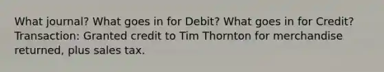 What journal? What goes in for Debit? What goes in for Credit? Transaction: Granted credit to Tim Thornton for merchandise returned, plus sales tax.