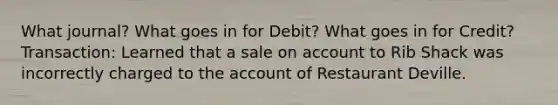 What journal? What goes in for Debit? What goes in for Credit? Transaction: Learned that a sale on account to Rib Shack was incorrectly charged to the account of Restaurant Deville.